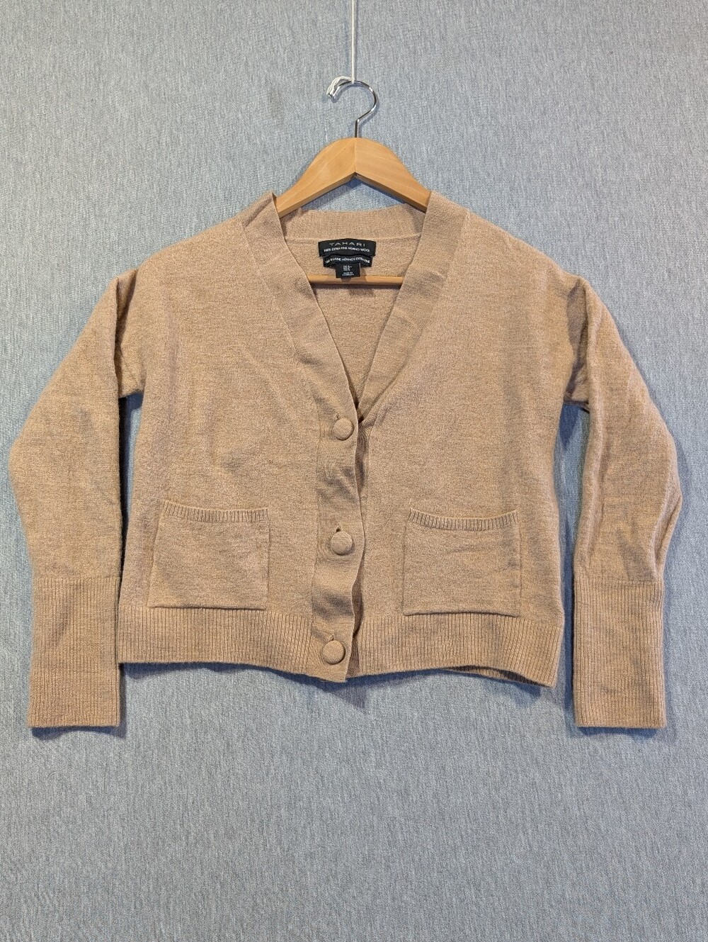 Tahari Extra Fine Merino Wool Button Sweater Women's Small Camel Beige